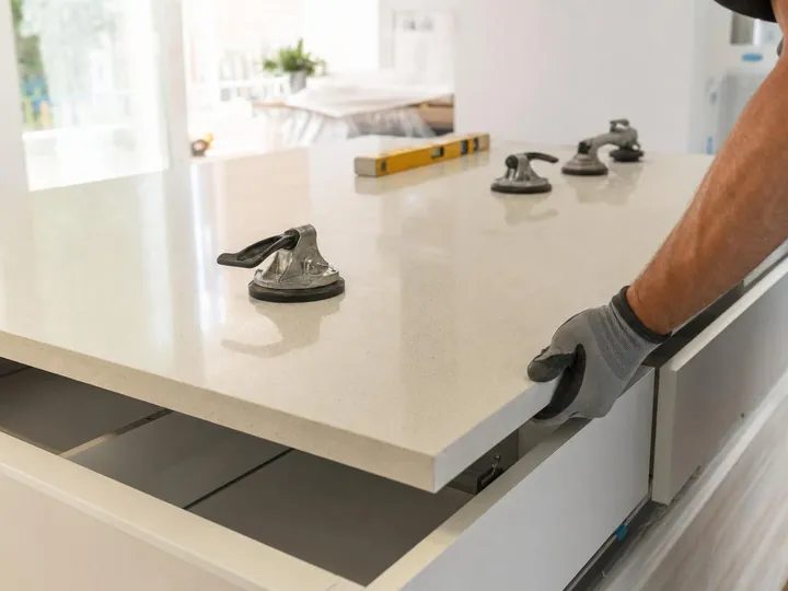 Colocación de una encimera nueva de cuarzo sobre los muebles existentes de una cocina (imagen ilustrativa)