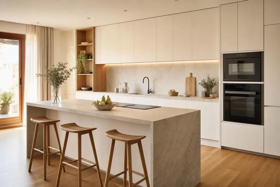 Cocina a medida con muebles lacados sin tiradores e isla de piedra clara (imagen ilustrativa)