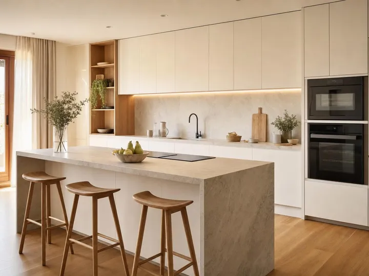 Cocina a medida con muebles lacados sin tiradores e isla de piedra clara (imagen ilustrativa)