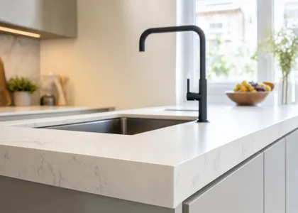 Encimera de cuarzo compacto blanco con veta fina, fregadero bajo encimera y grifo negro (imagen ilustrativa)
