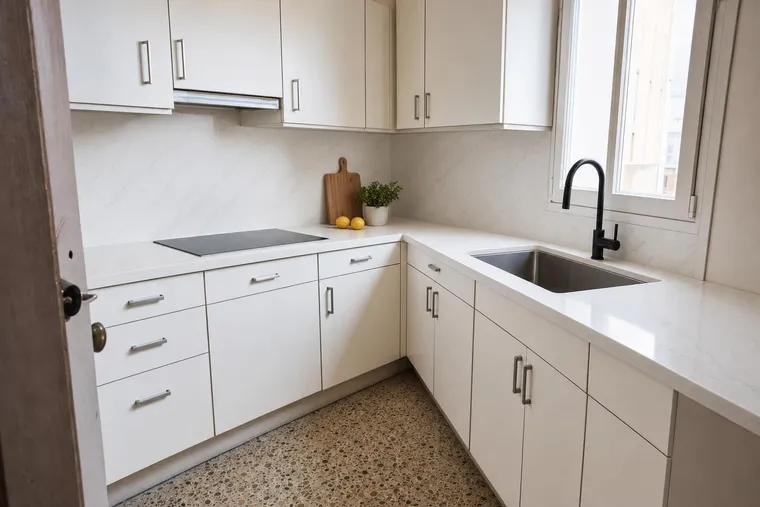 Después del cambio: la misma cocina con encimera y frente de cuarzo blanco, fregadero bajo encimera y grifo negro, sin tocar los muebles (recreación ilustrativa)