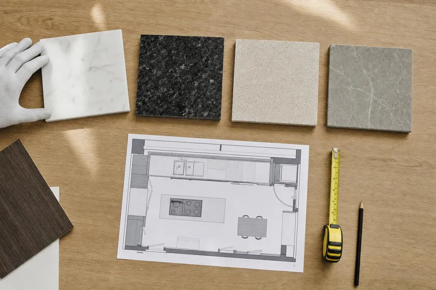 Muestras de encimera, plano de cocina en planta y cinta métrica sobre una mesa (imagen ilustrativa)