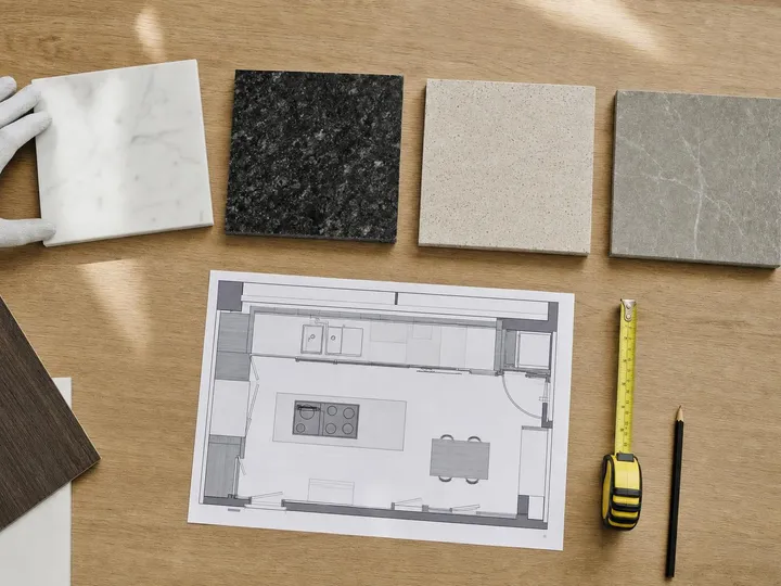Muestras de encimera, plano de cocina en planta y cinta métrica sobre una mesa (imagen ilustrativa)